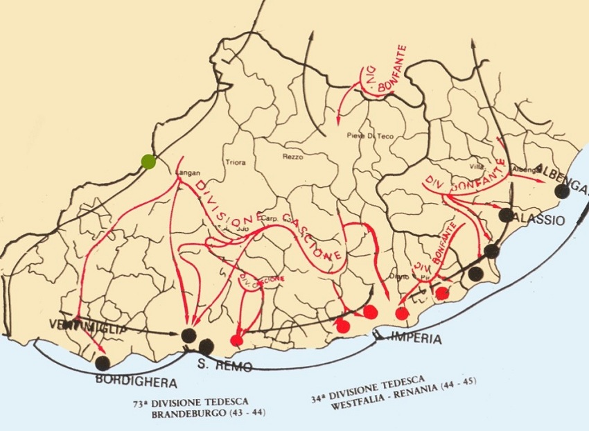 Mappa delle divisioni partigiane (rosse) e tedesche (nere) tra il 1943 e il 1945 in Liguria. Il pallino verde contrassegna il Sentiero degli Alpini.