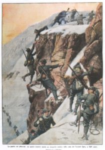 I «bravi soldati alpini» all'assalto nella «guerra sui ghiacciai», come rappresentati in una delle tante tavole dedicategli dal Corriere Illustrato.