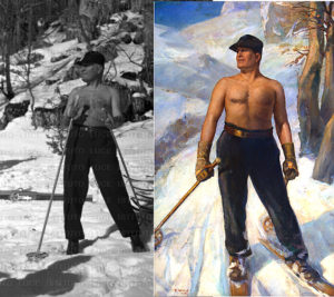 Trova le differenze. L'immagine pittorica del Duce è senza ombra di dubbio quello di uno sciatore.